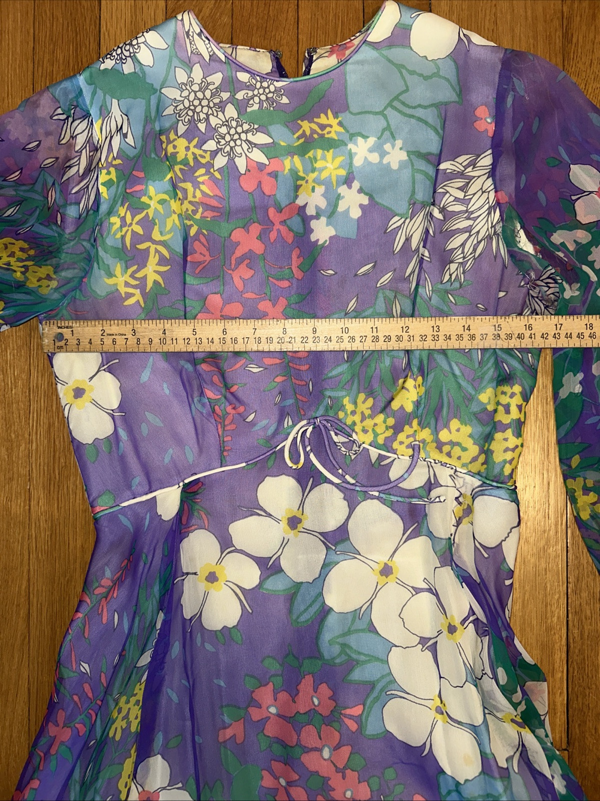 Vintage 60s 70s Parues Feinstein Flowy Flower Purple Long Dress Floral Sheer