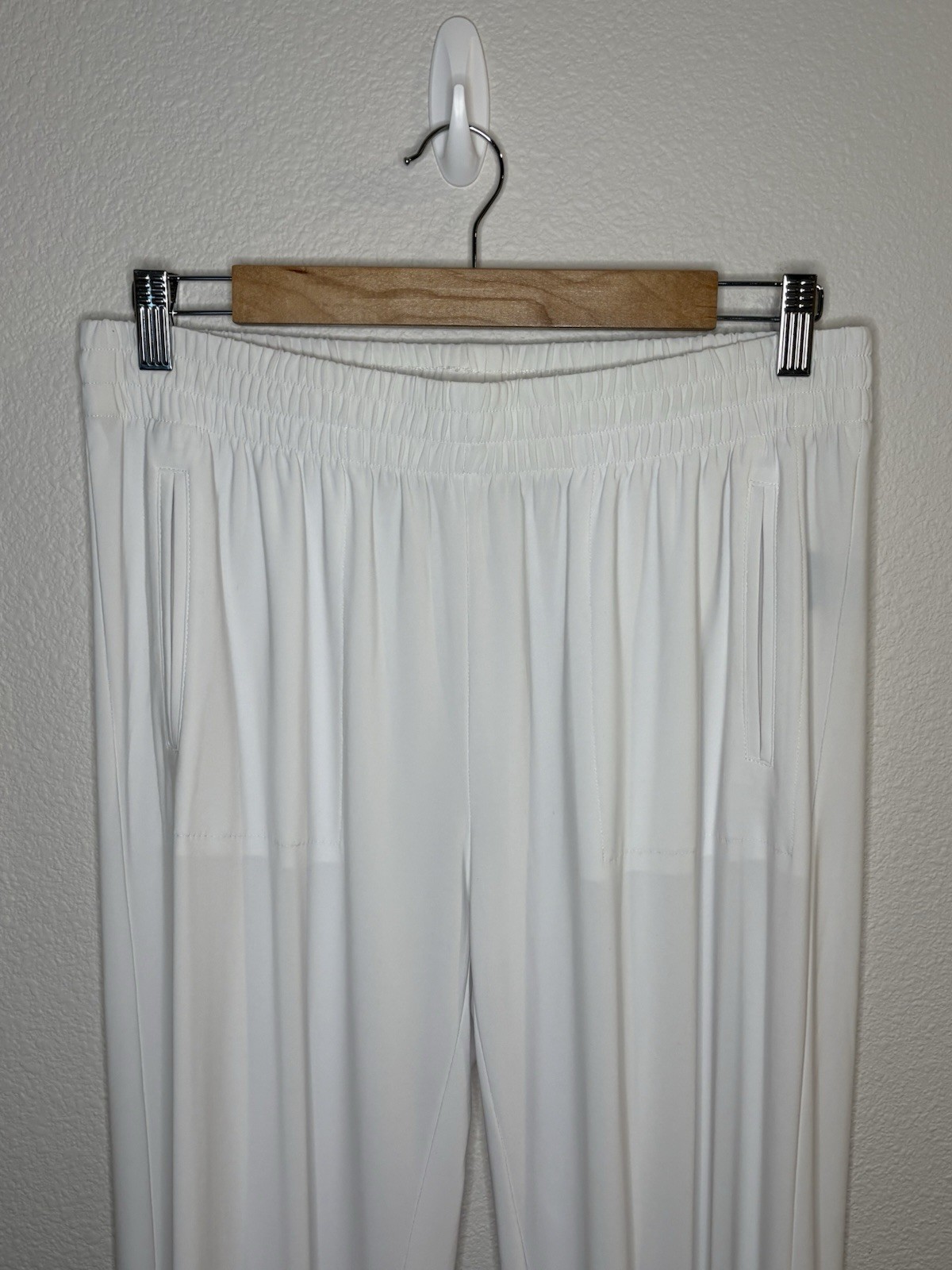 Norma Kamali White Jogger Pants S 31 Waist High Rise Pocket Stretch Flowy Jersey