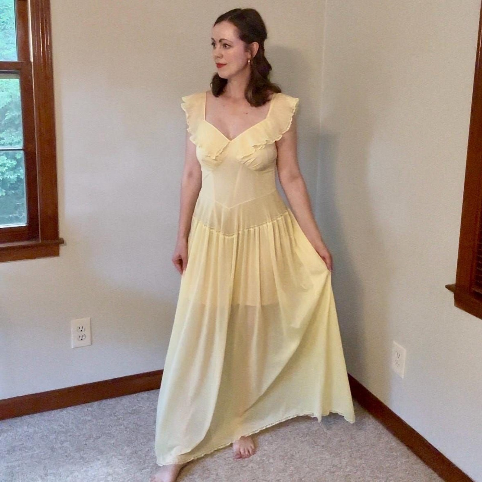 Vintage 70s Vanity Fair Romantic Ethereal Sheer Yellow Slip Dress Size Small