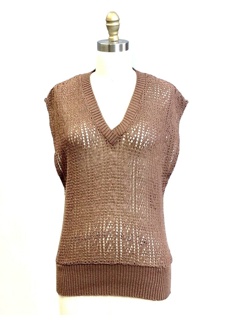 Vtg 70s Its Pure Gould Open Knit Vest Tank Light Brown Acrilan Womens M L