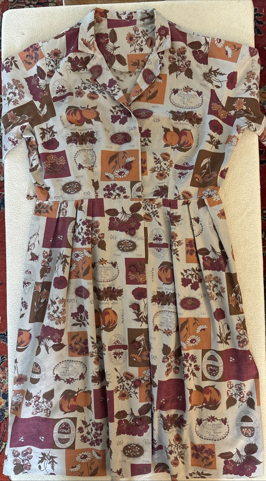Vintage 1960’s Classic Shirtwaist Dress Tan Maroon Orange Graphics Fruit/Flowers