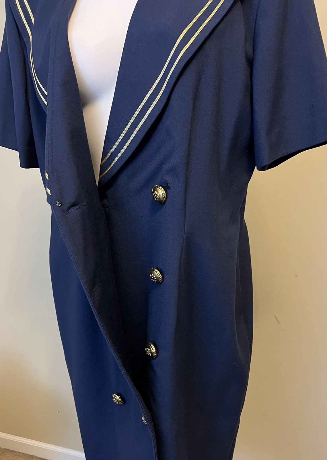 Vintage Leslie Fay Size 12 Sailor Dress Navy Blue W/Gold Trim Buttons Nautical