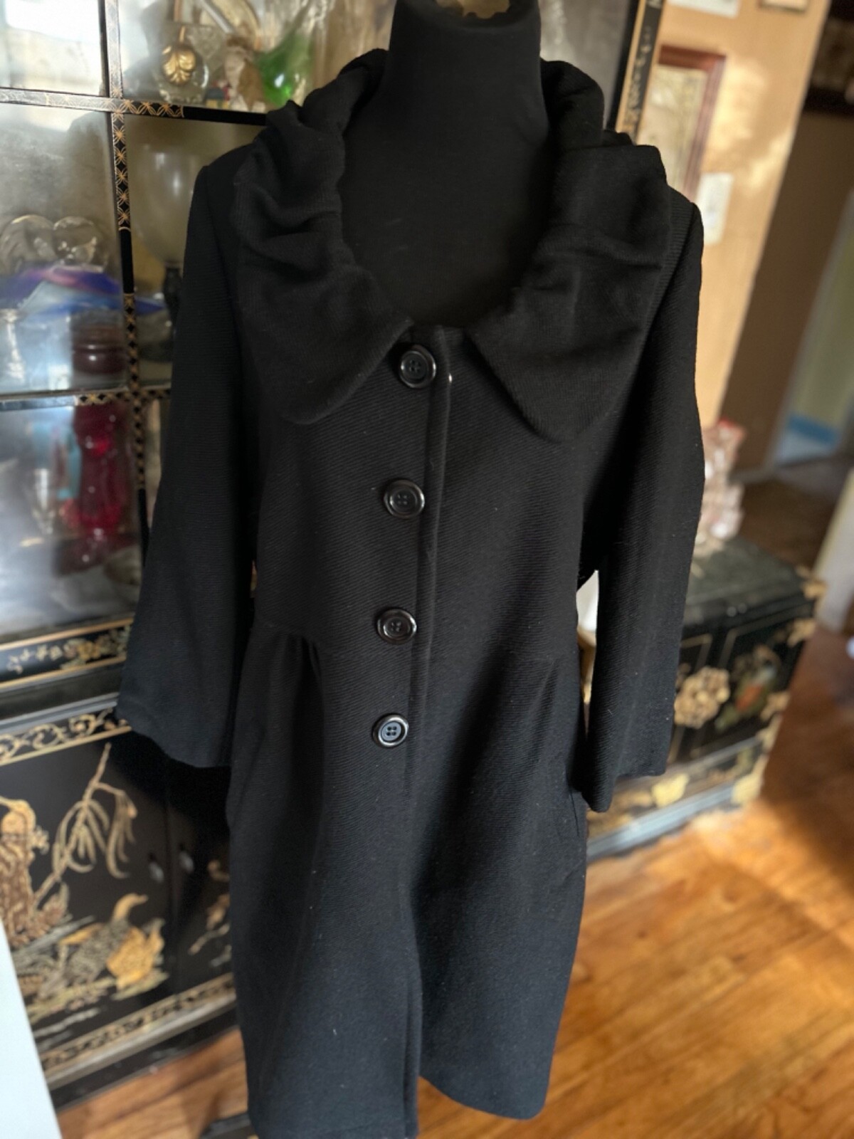 Y2K Victorian Style Black Wool Coat Ruffle Collar Dark Romantic Gothic Eu Sz 48