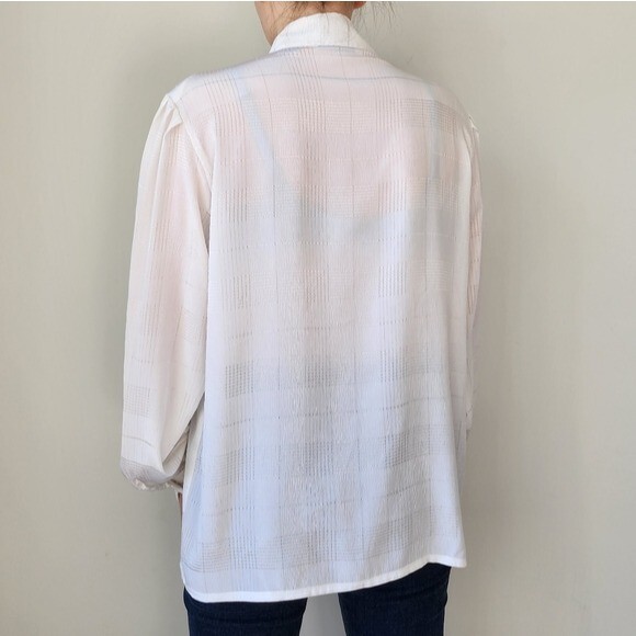 Vintage 80s Messages White Semi Sheer Check Pattern Puff Sleeve Blouse 12