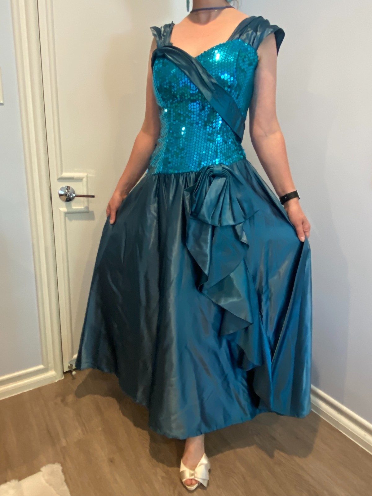 Stunning Vintage 80s Prom Dress Teal Sequin and satin with black crinoline