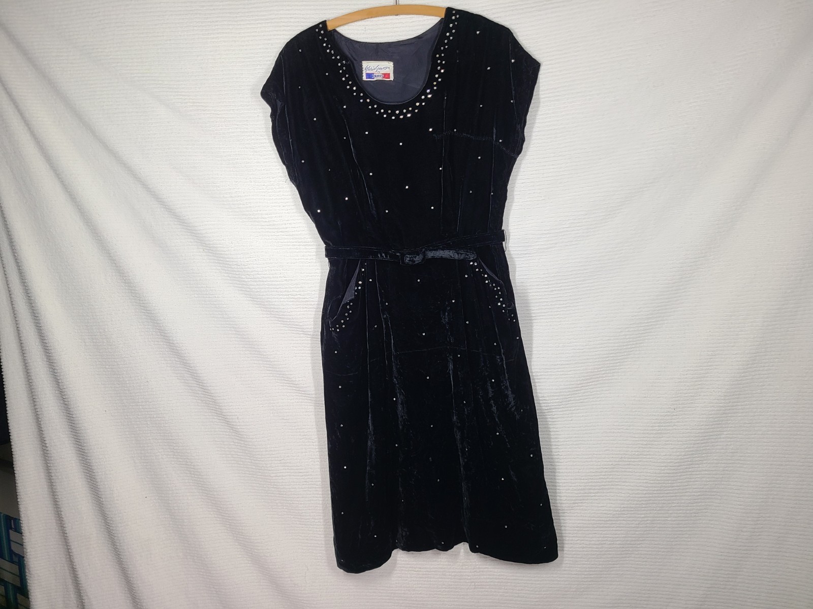 Vtg 40s Dress Black Velvet Night Sky Rhinestone wBelt Gloria Swanson Paris AsIs