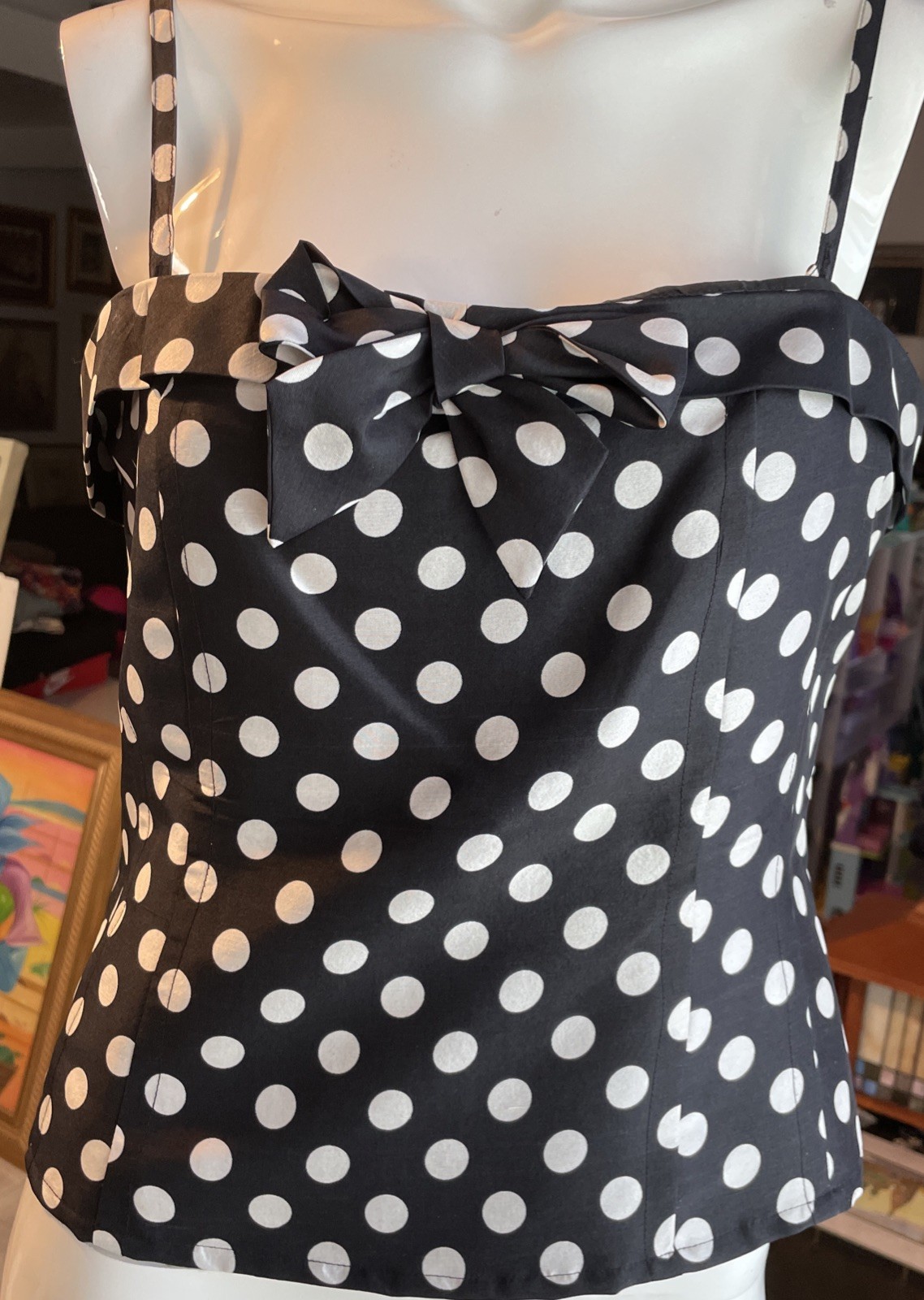 Vintage Silkland Blouse Top BlackWhite 100% Silk Tank Spaghetti Strap SzM