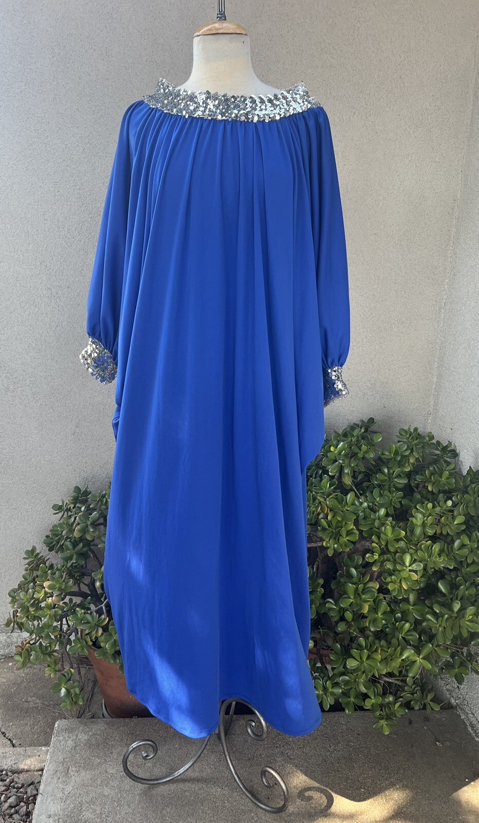 Vtg Evening Kaftan Royal Blue Polyester Sequins Trim OS My Kinda Gal