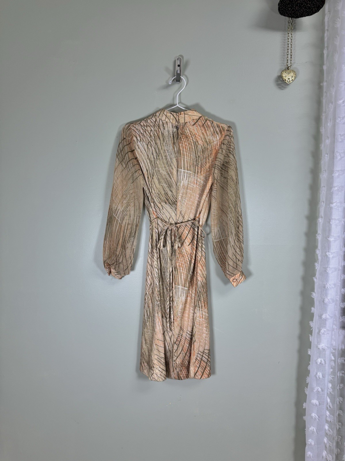 Vintage 1970s Abstract Print Tie Waist Dress | Long Sleeve Earth Tone Midi