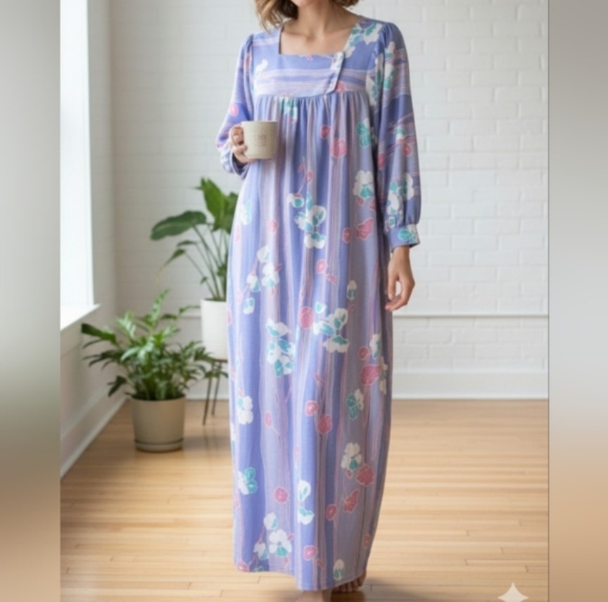 Vintage Lisanne Floral Striped Loungewear House Dress Gown Lavender XL