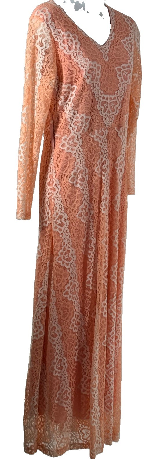 Vintage 80s RAMOLE CLASSIC Peach & White Elegant Lace Lined Maxi Dress Sz Medium