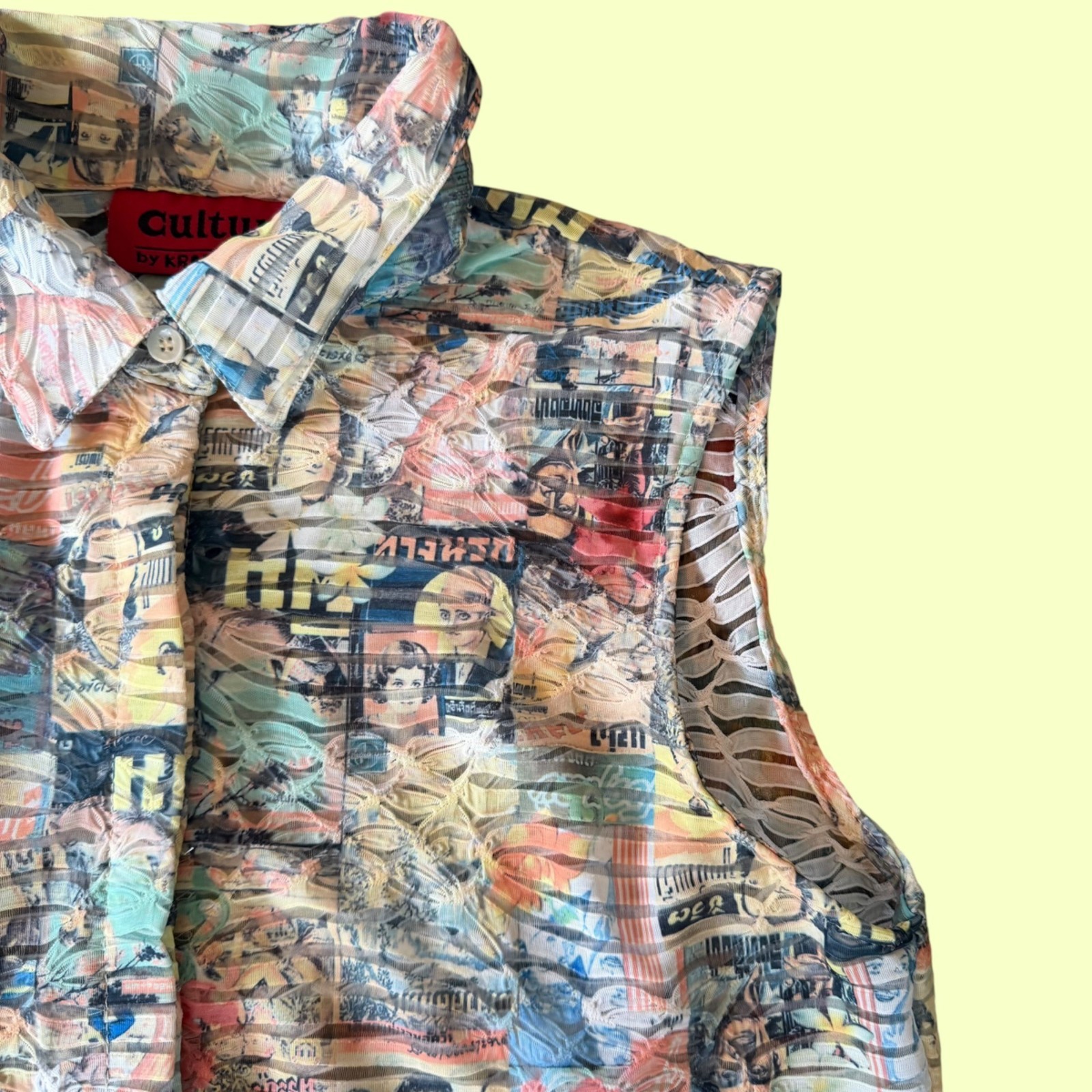 Culture by Krazy Larry Button Down Semi Sheer Sleeveless Pop Art Top S