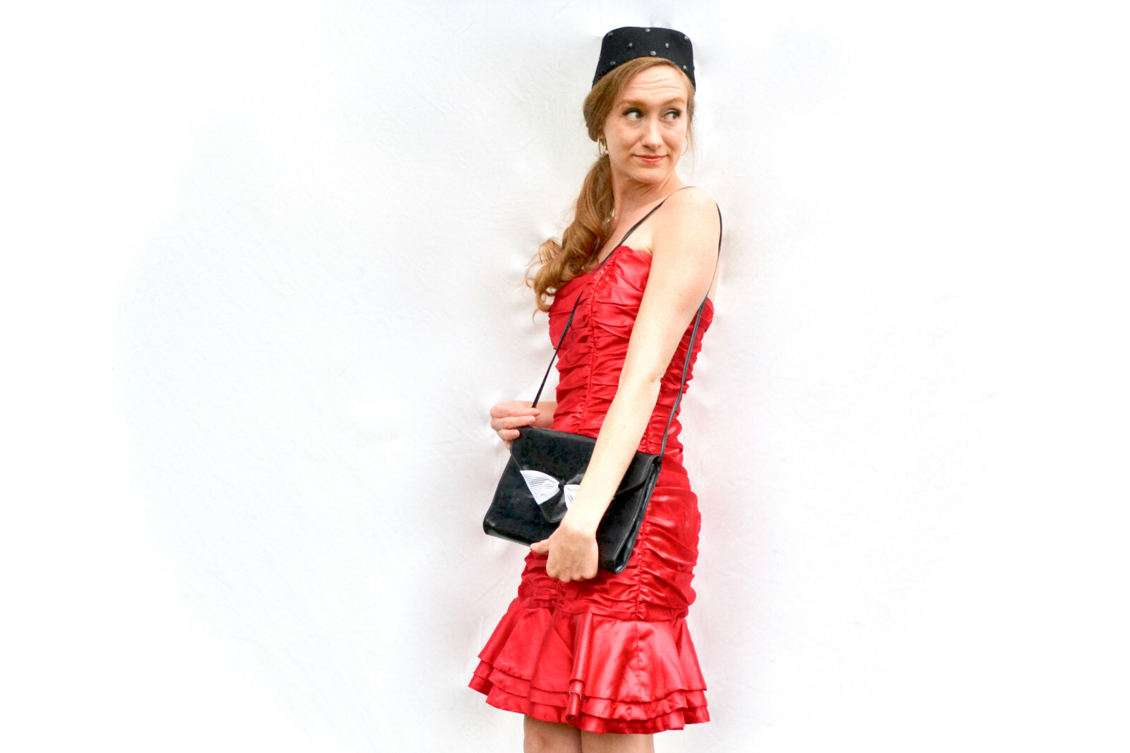 1980s Ruched Red Satin Dress Vintage Nadine Strapless Sweetheart Mermaid Ruffle