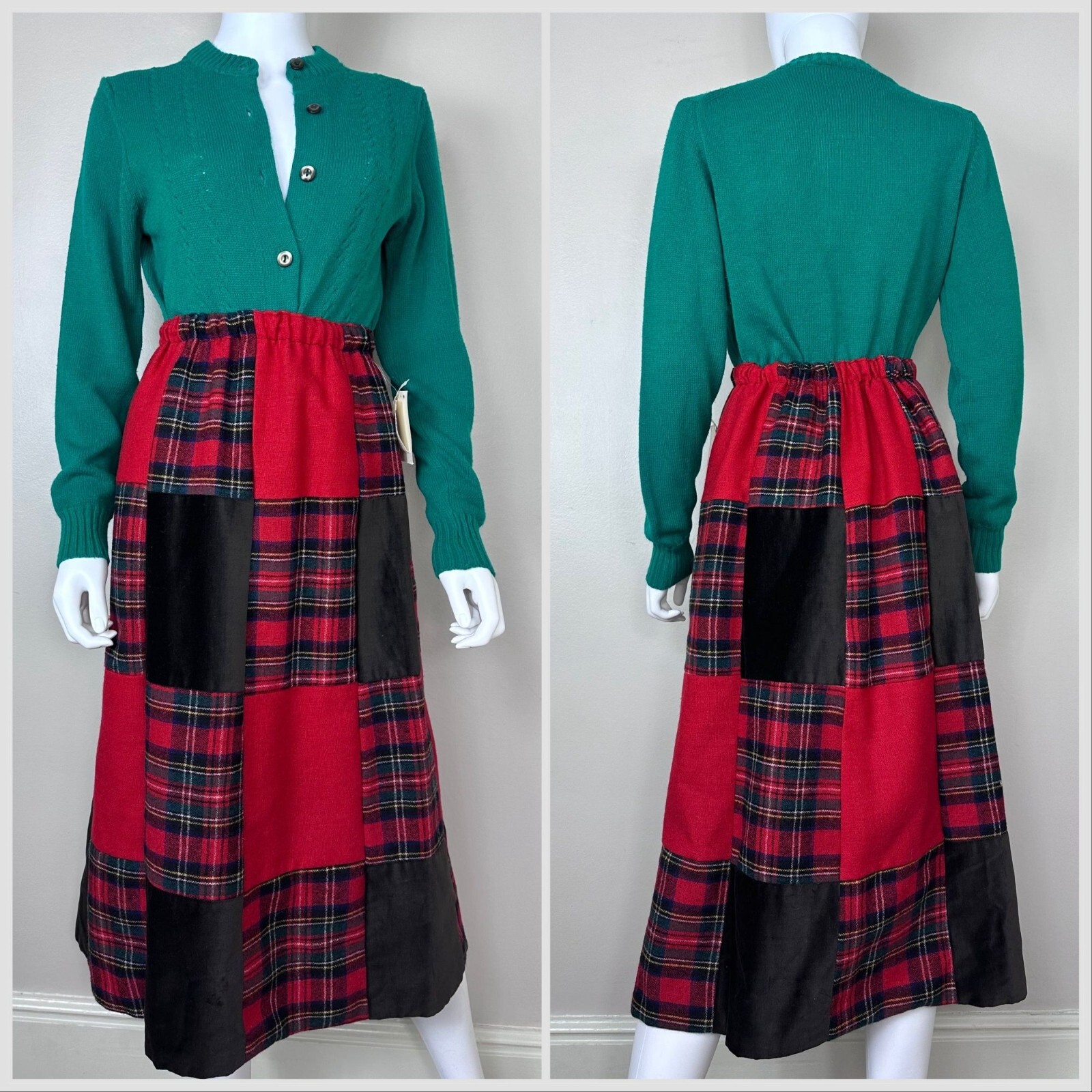 Vintage 1970s Red Plaid Patchwork Midi Skirt 70s Young Traditions Deadstock NWT