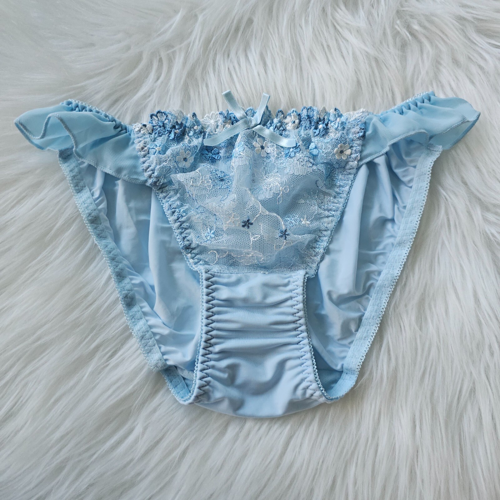 Vintage Sissy Lace Panty Blue Nylon Spandex Blend Brief Size Small Hip 32-36″