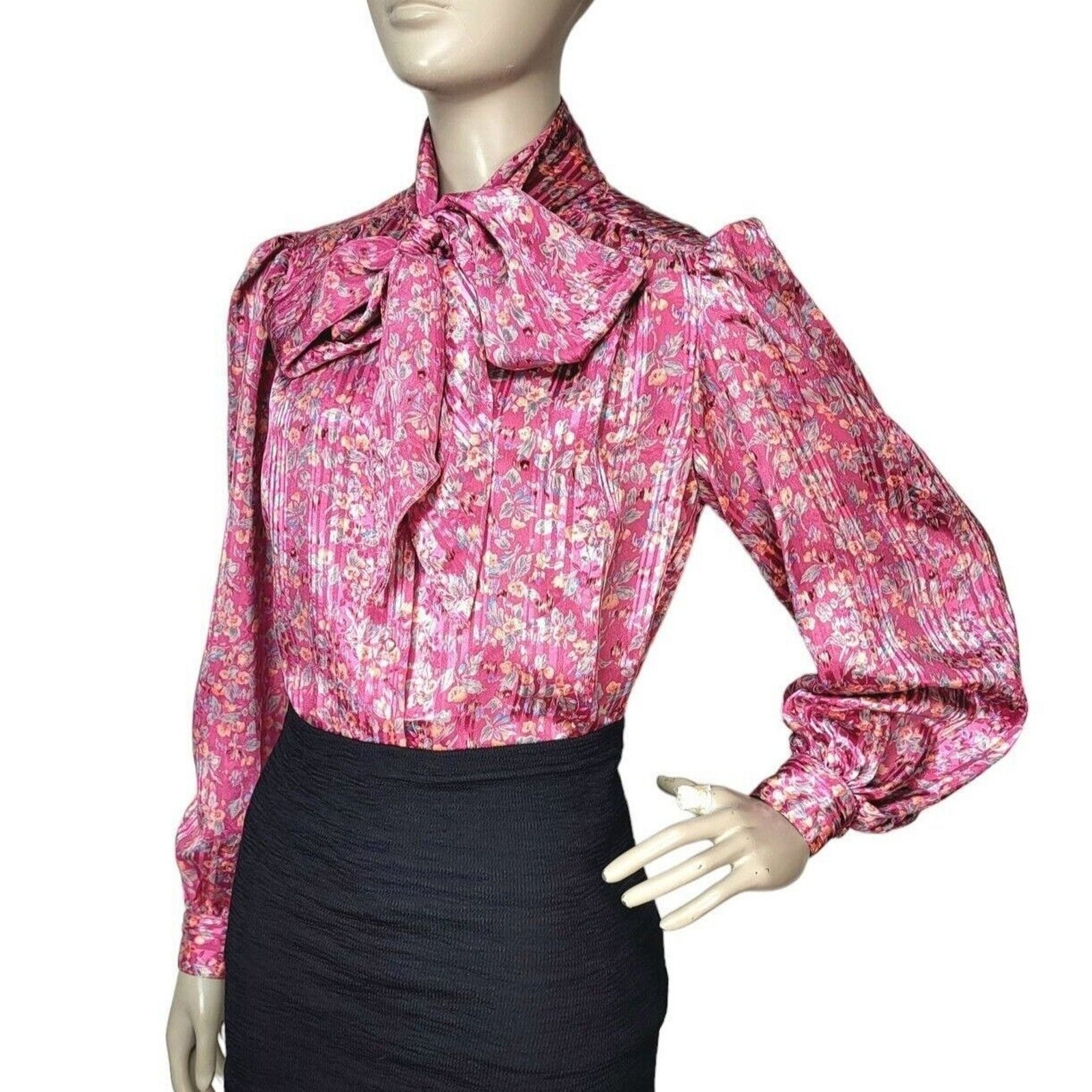 VTG 70s Pink Abstract Floral Neck Bow Puff Balloon Sleeve Satin Striped Blouse