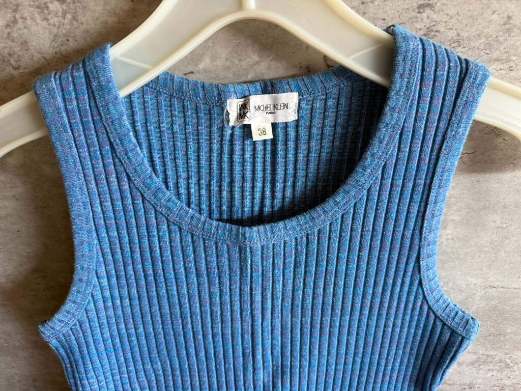 Vintage Michel Klein Itokin Blue Rib Knit Nylon Blend Bodycon Dress Size 38