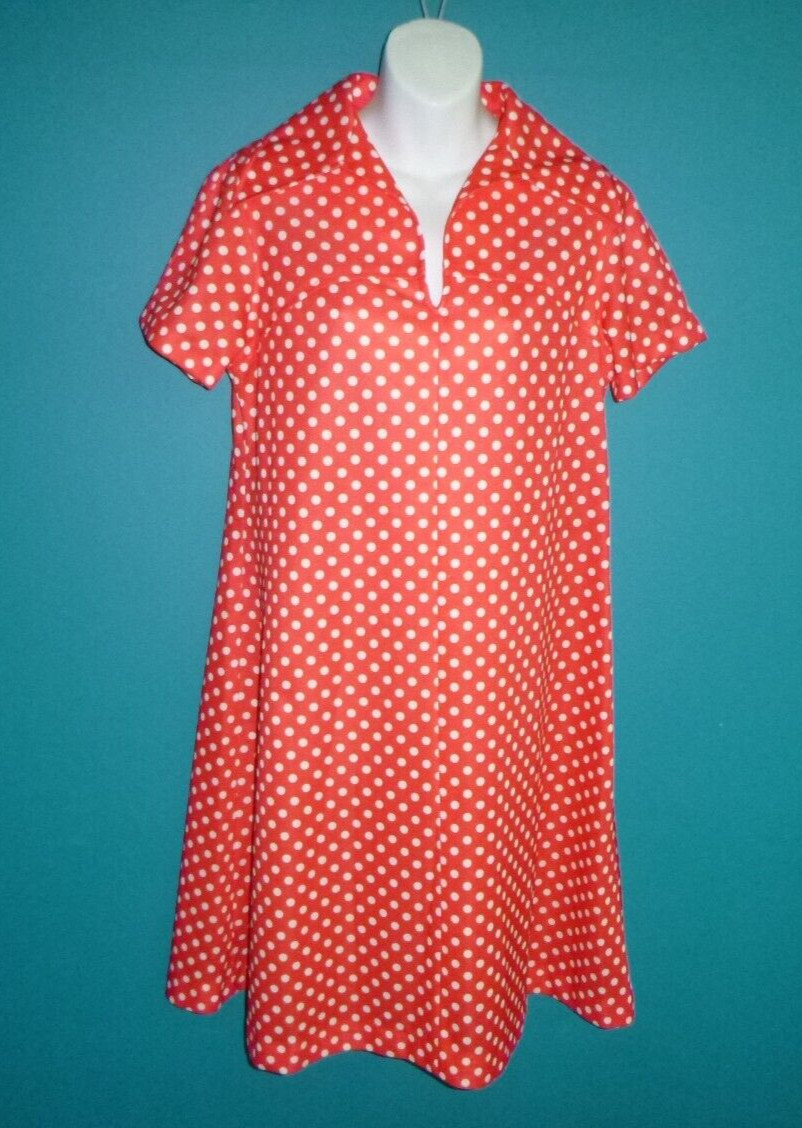 Vtg 70s Hay Pence Poly Dress Red White Polka Dots BIG Collar Sz M/L