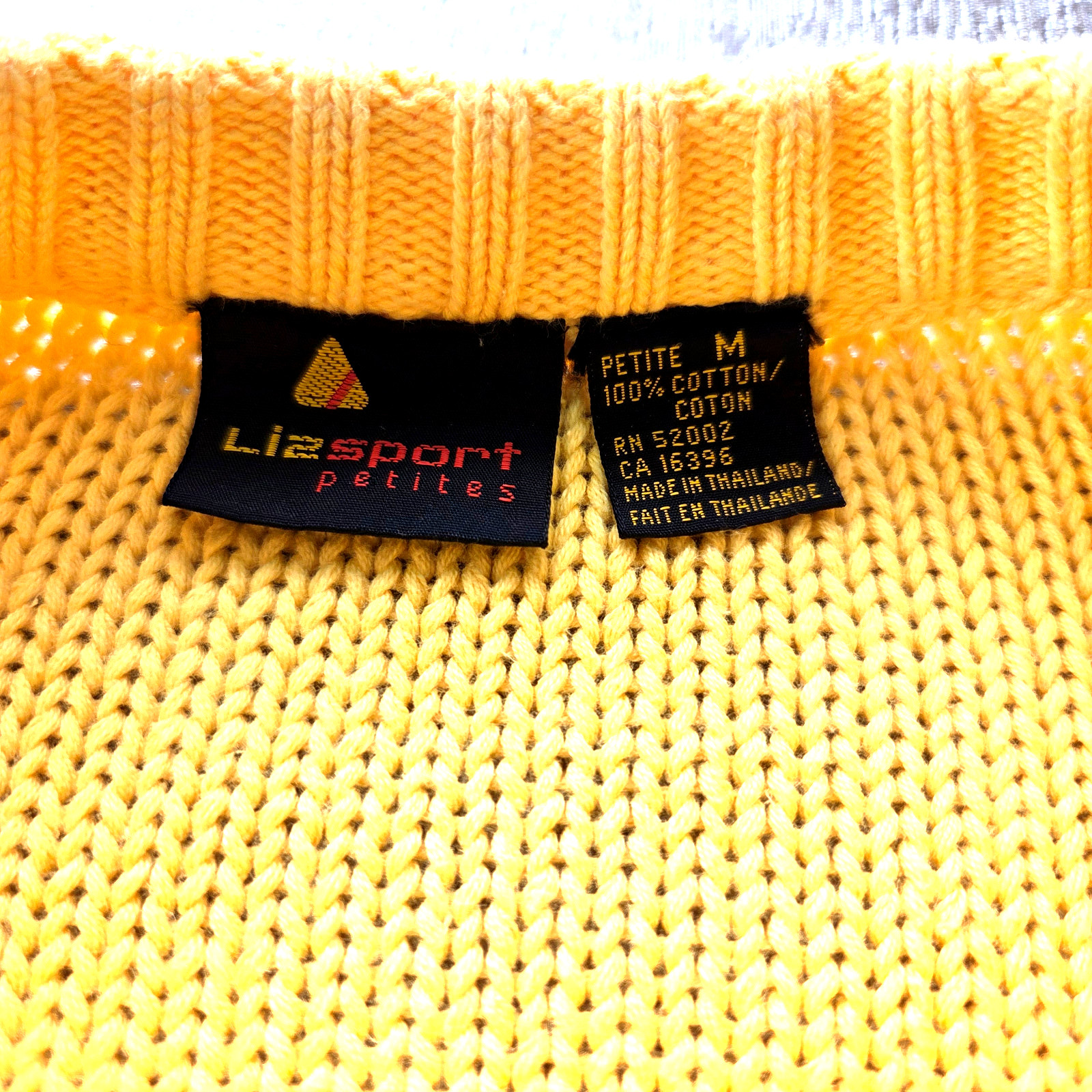 Vtg Bright Yellow Cotton Knit Sweater Cropped Liz Claiborne Sport PM MP S M