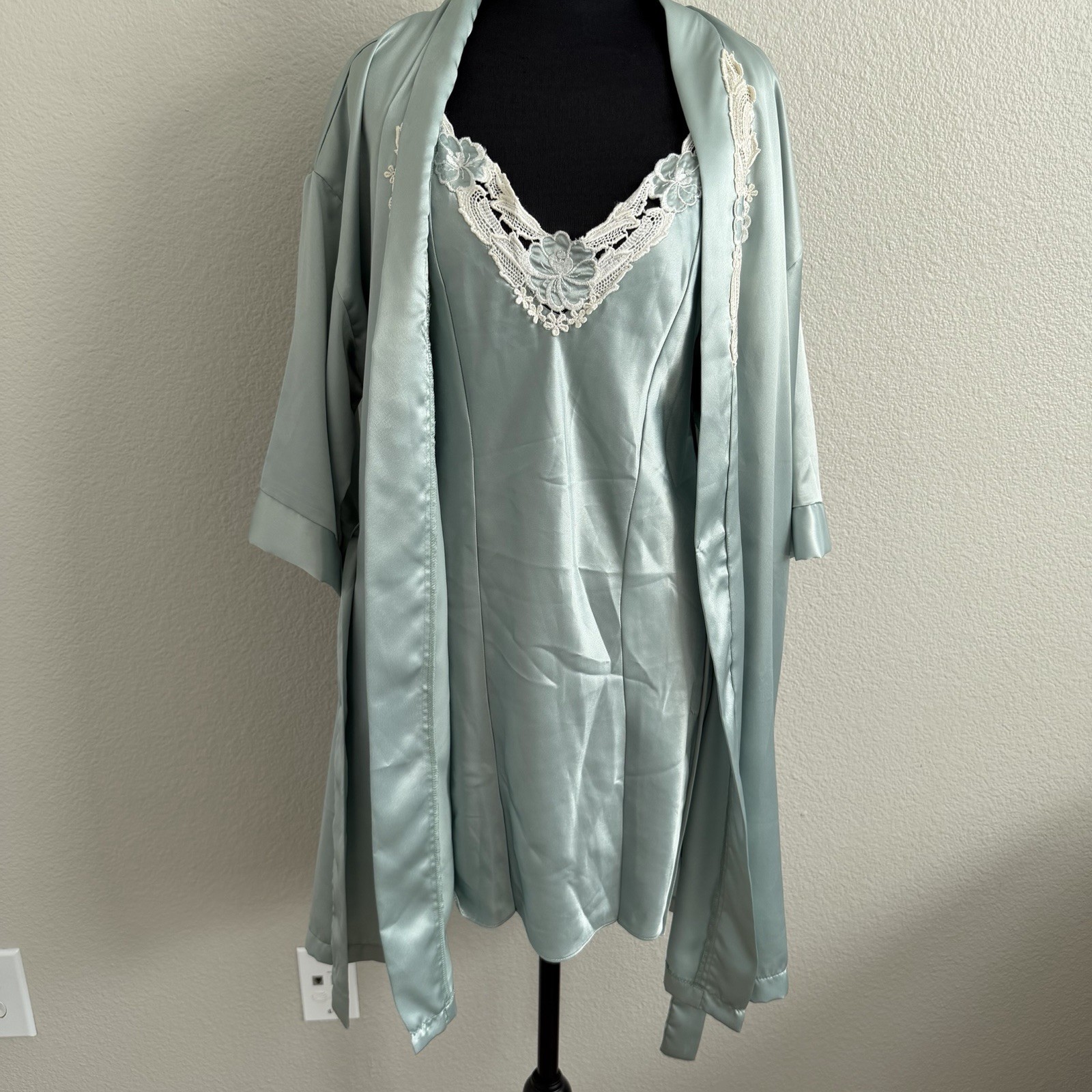 Vintage Small Inner Most Night Gown & Belted Robe Set Satin Sage Green Made USA
