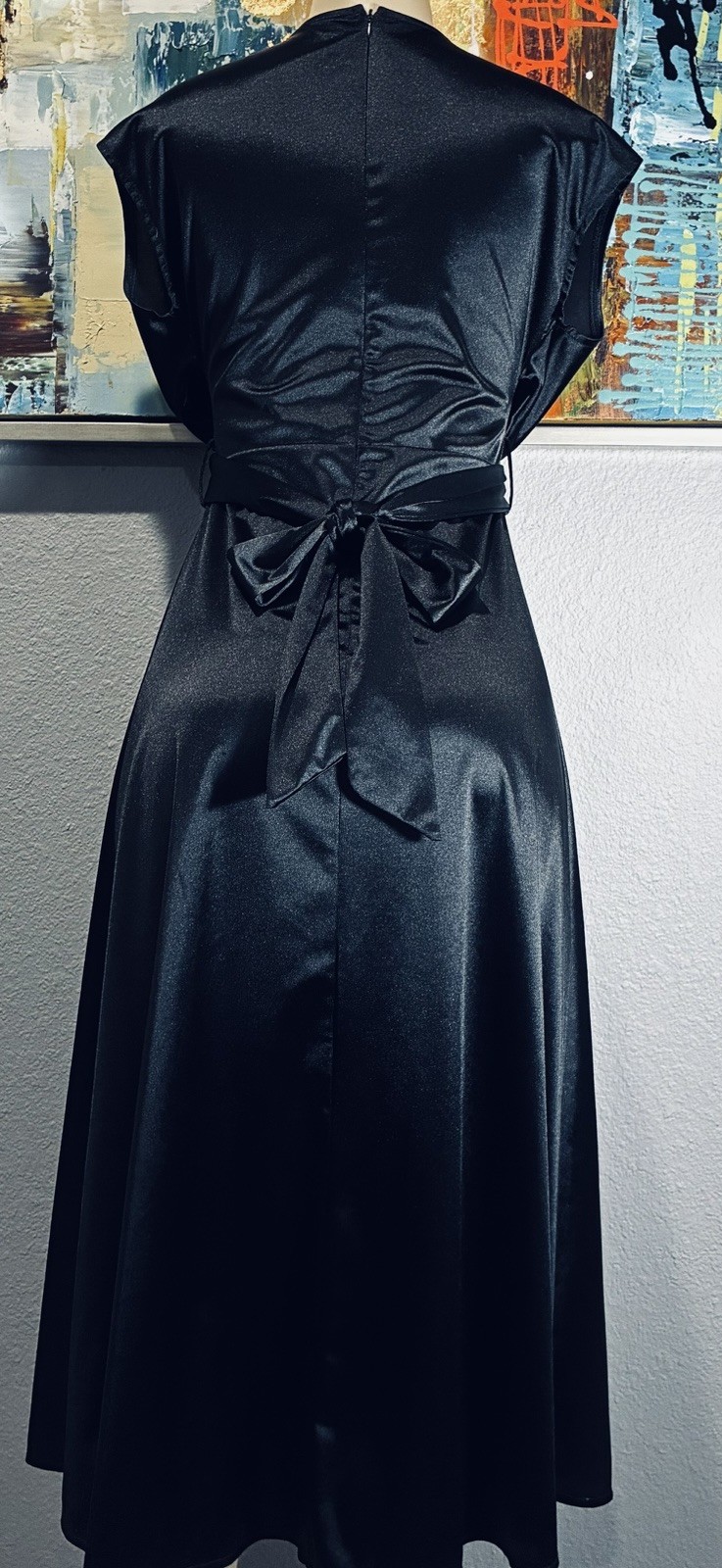 Vtg Black Shiny Spandex Wrap Front Long Dress S