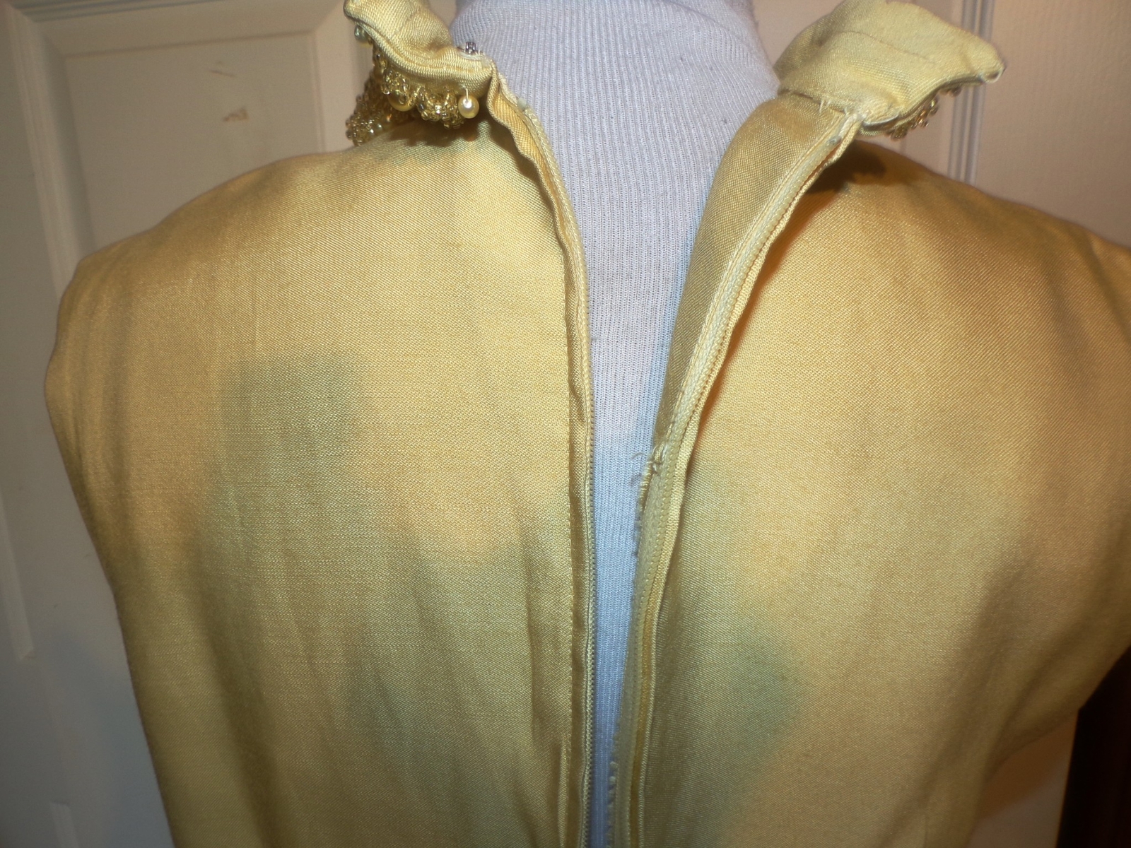 Vintage 60s Yellow Rayon Shantung Cocktail Dress Beaded Neckline B40