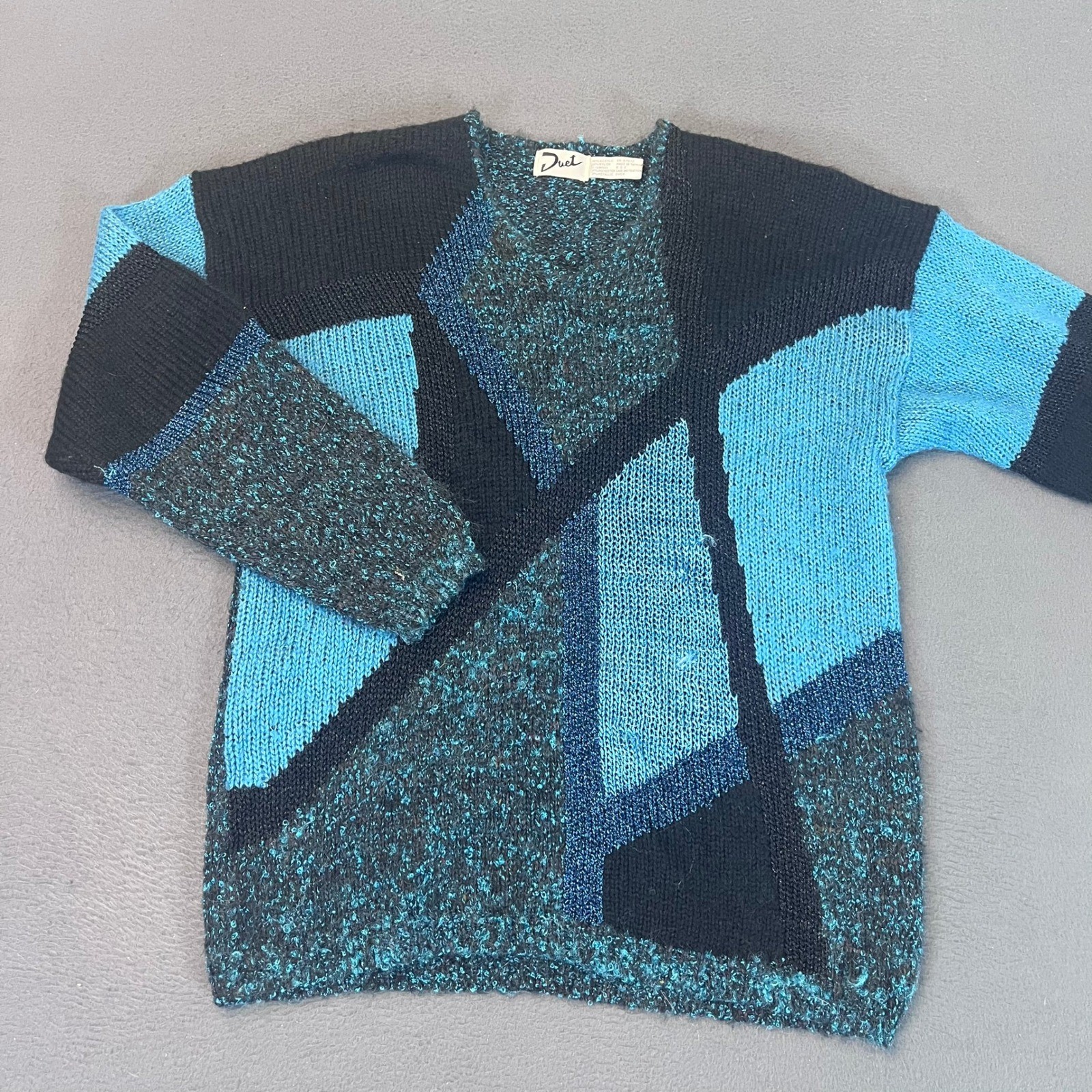 Vintage Duet Geometric Colorblock Metallic Knit Sweater Teal Blue Black L/XL