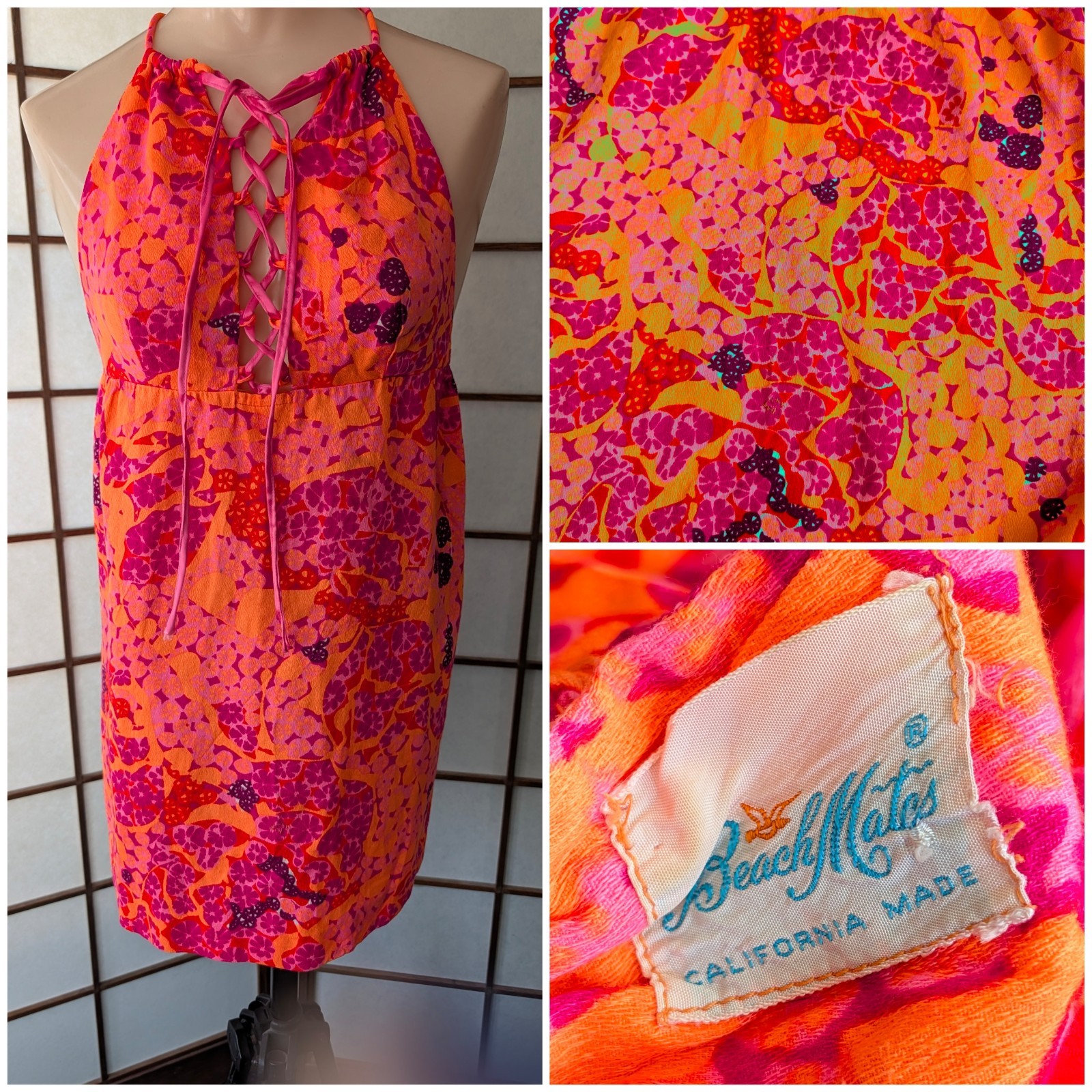 Vtg 60s Beach Mates Calif Neon Orange Floral Print Halter Lace-up Mini Dress