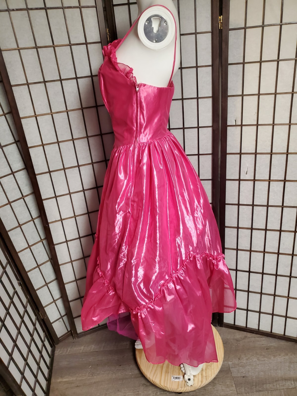 ✨Vtg 80s Pink Prom Dress Sz XS CRINOLINE boning Ruffle Pixie Hankie Hem Wicked