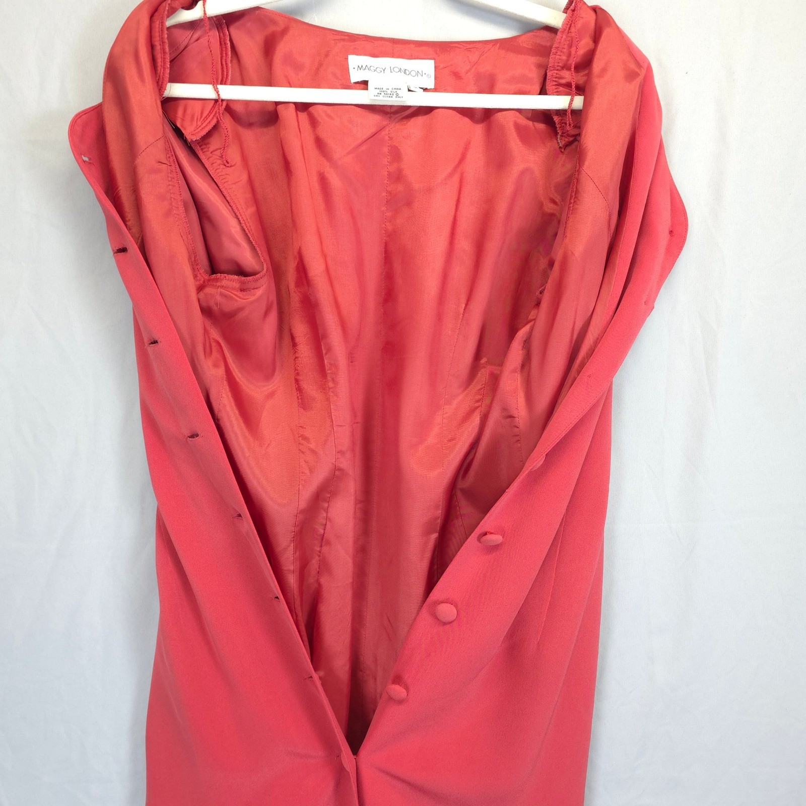 Maggy London Silk Dress Women 12 Coral Pink Embroidered Button Front Midi Church