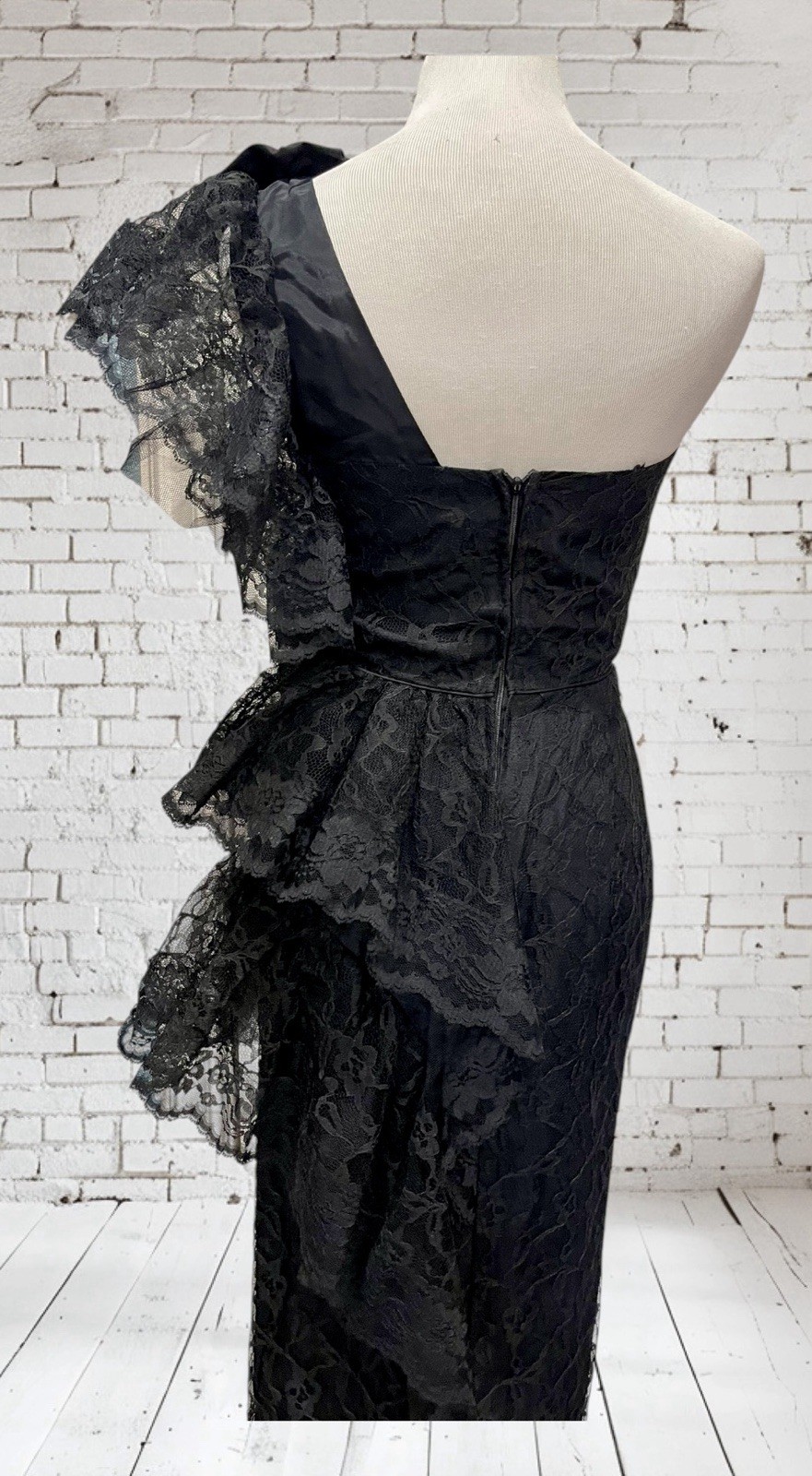 Vtg Climax Karen Okada David Howard Lace Black One Shoulder Bow Party Prom 3/4