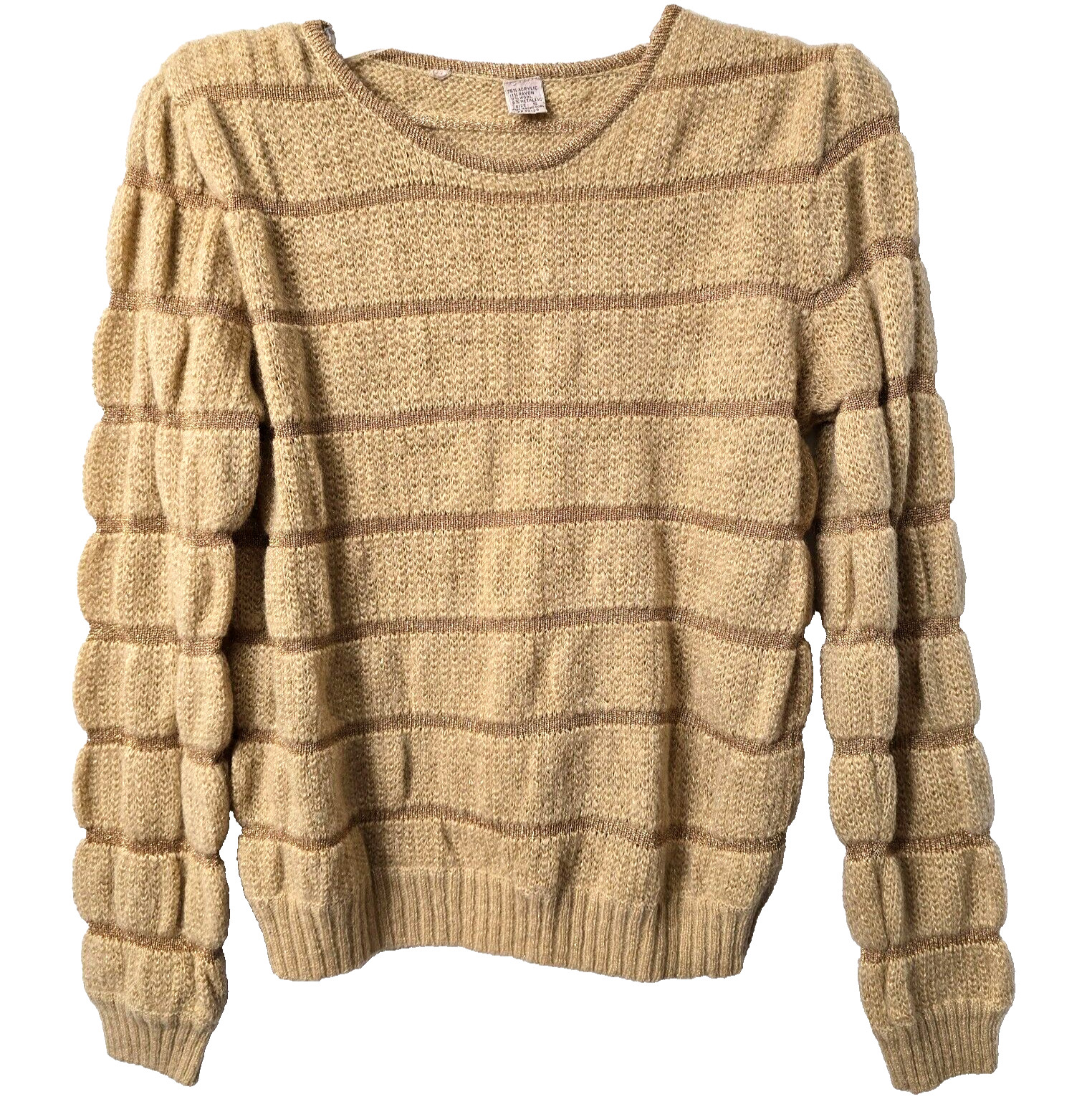 Vintage Wool Blend Knit Sweater S Ribbed Puff Sleeve Gold Sparkle 70s Grandma