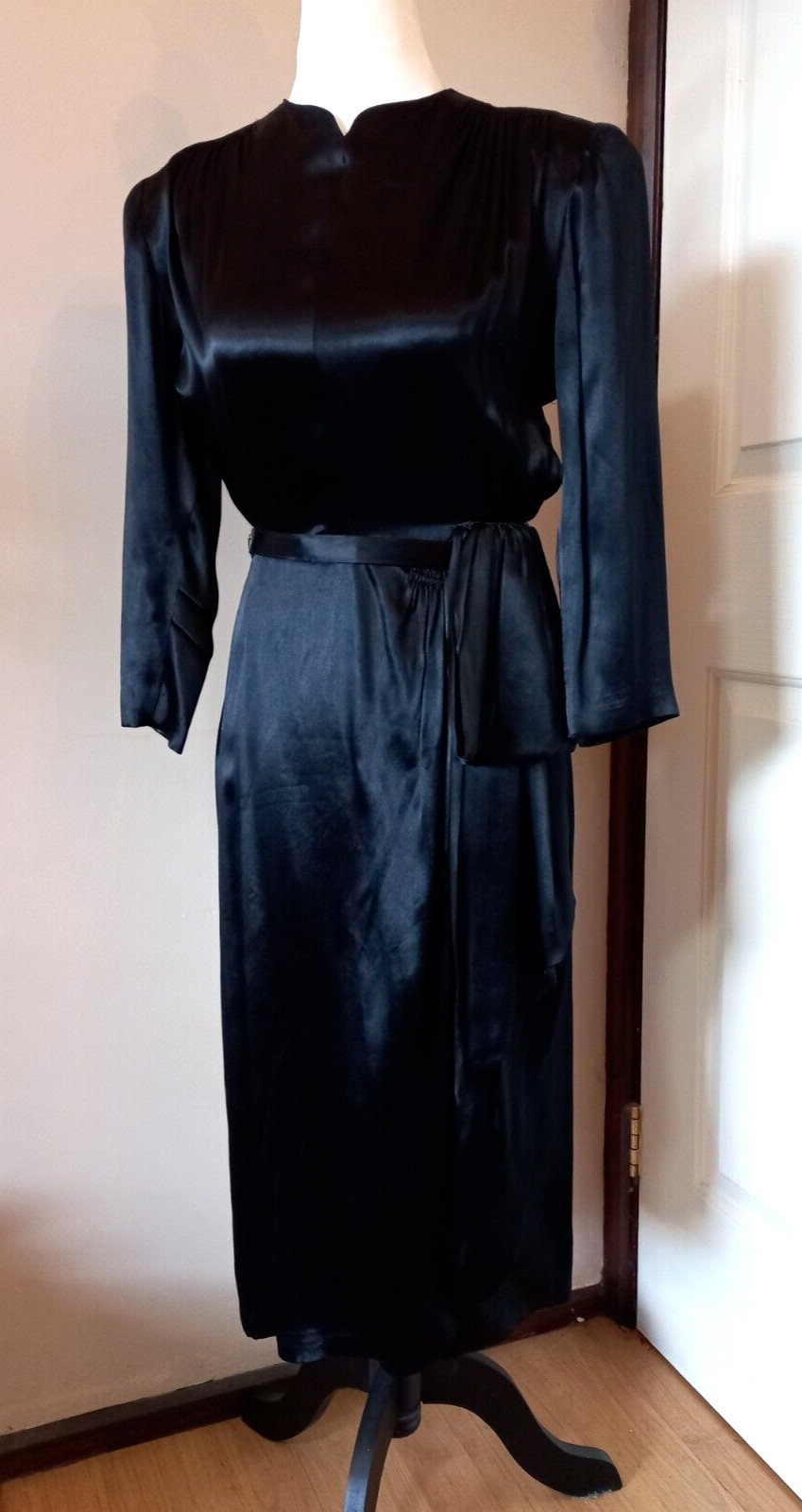 Vintage 1940s Glossy Black Satin Charmeuse Femme Fatale Film Noir Dress XS