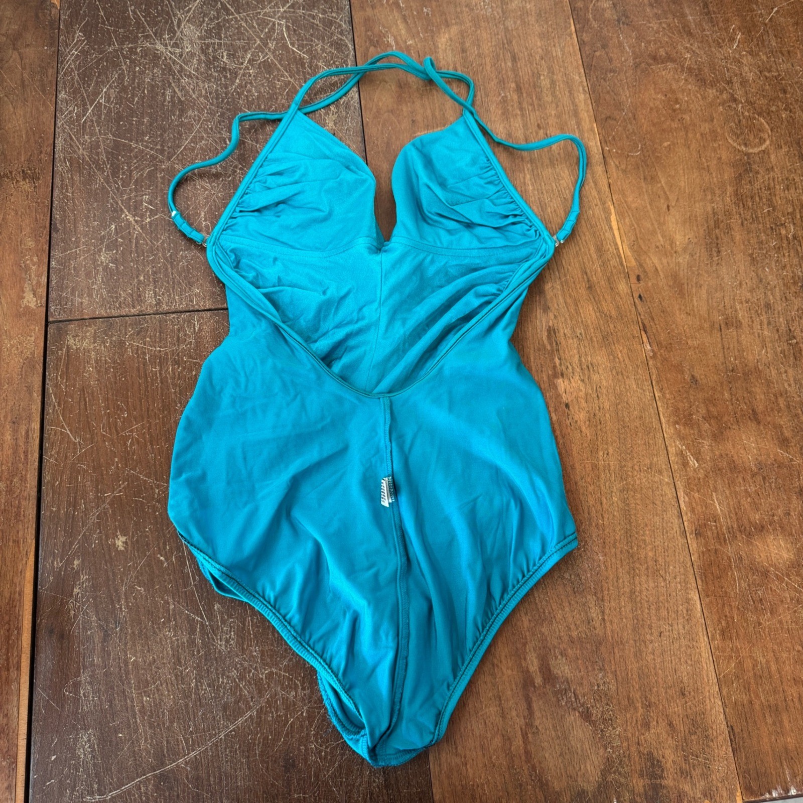 Vintage Catalina California Teal Blue Ruched Halter One Piece Swimsuit Size 12
