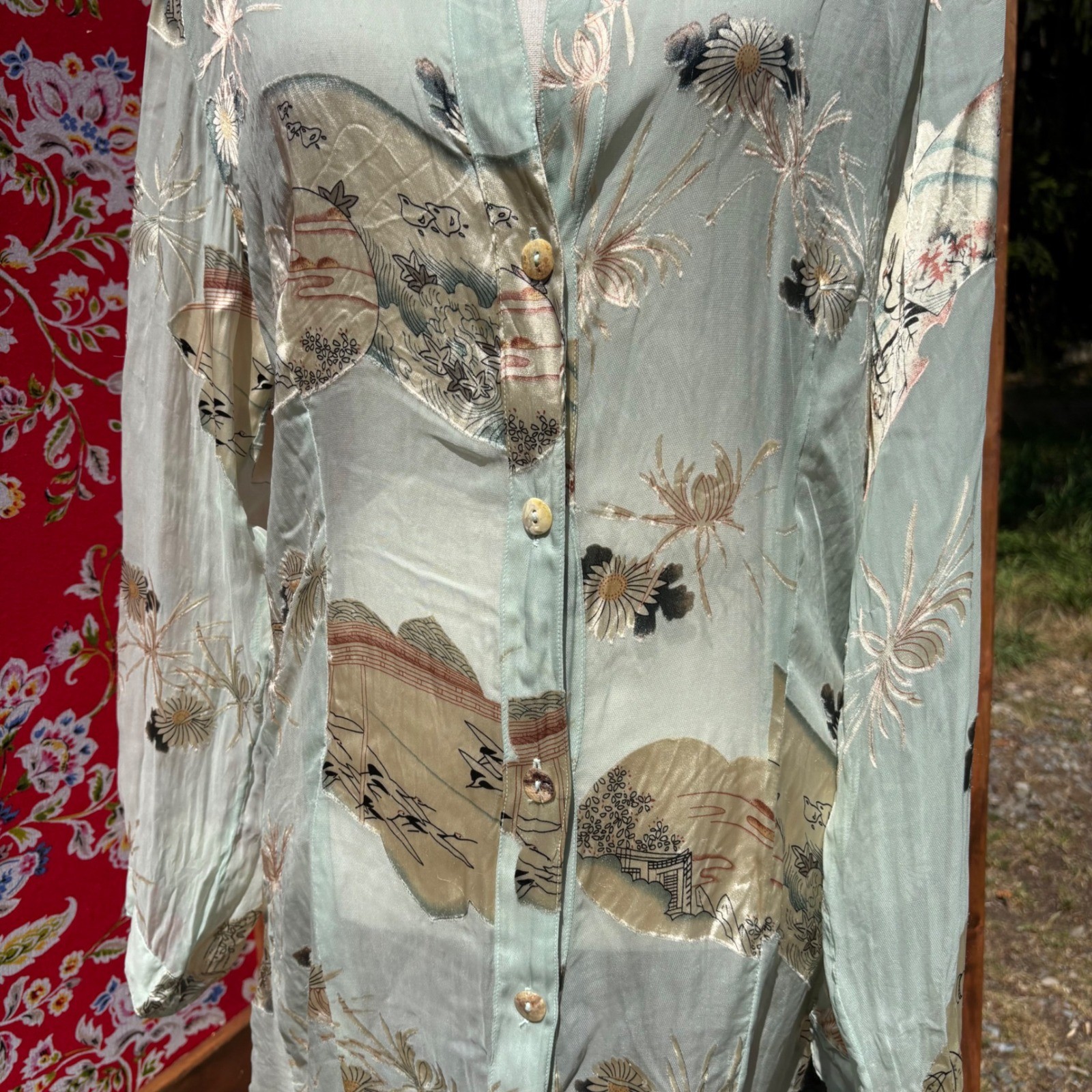 Vintage Semi Sheer Beachy Coastal Button Front Boho Blouse Size L