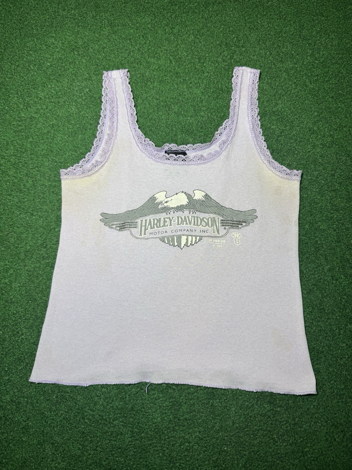 Harley Davidson 3D Emblem Med Purple Tank Top Eagle Lace Trim 80s Vintage RARE