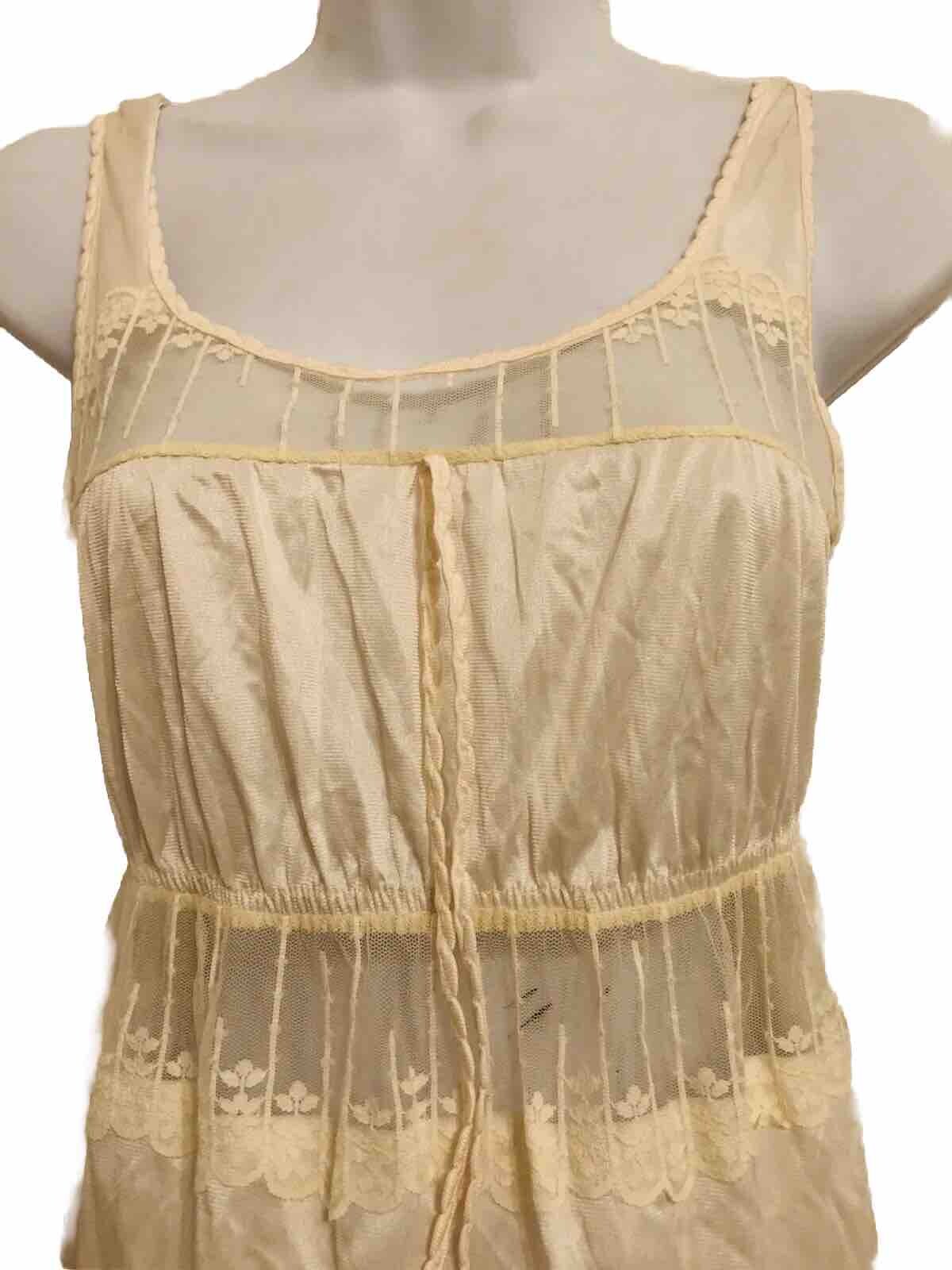 VTG Keynote Long Ivory Nightgown Made In UK Sheer Nylon Mesh Lace US S UK 10-12