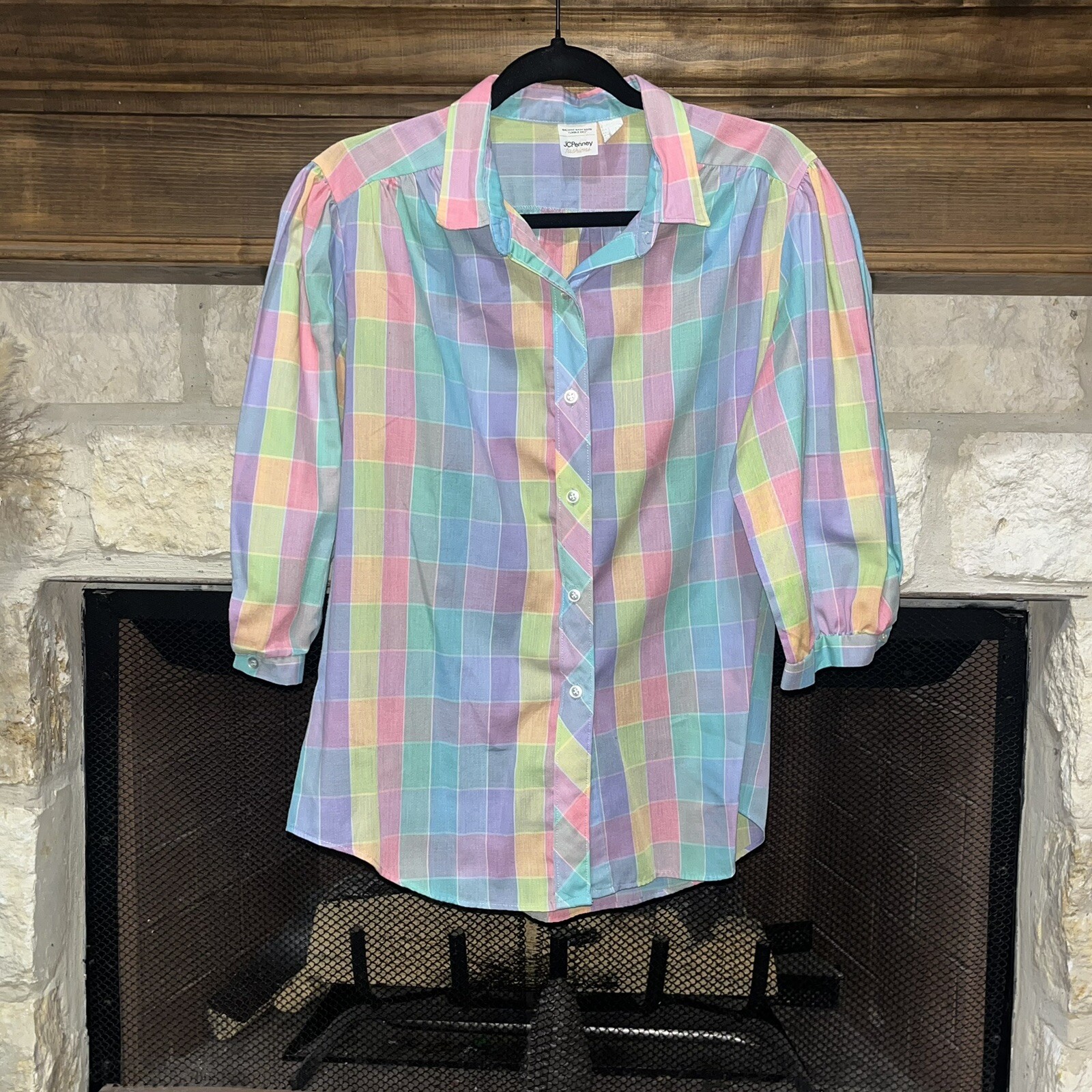 Vintage Pastel Checkered Plaid 70s 80s Button Up Shirt Top