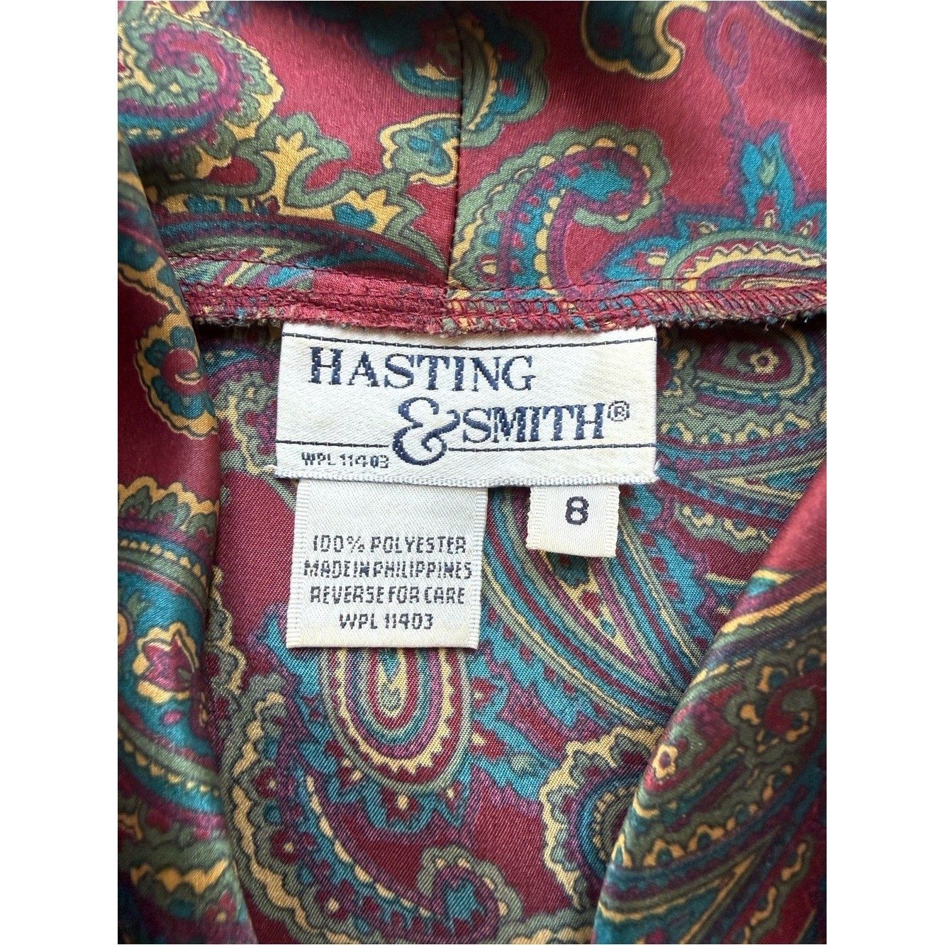Vintage Hastings & Smith Paisley Satin Blouse Womens Size 8 Burgundy Teal 90s