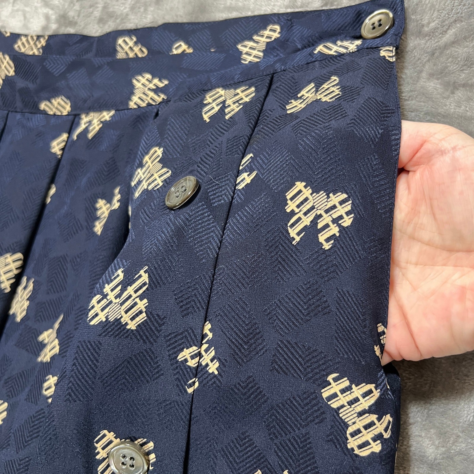 90s Jacquard Bow Print Silk Skirt Blouse Set 12 Navy Office Siren Dark Academia