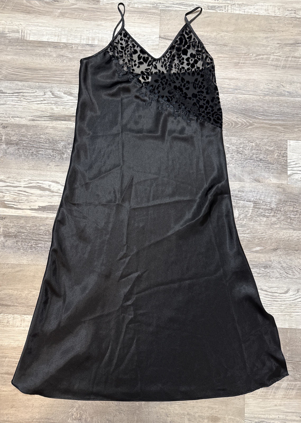 Vintage 90s LA Intimates Maxi Nightgown Lace Satin Black Long Dress Size Large