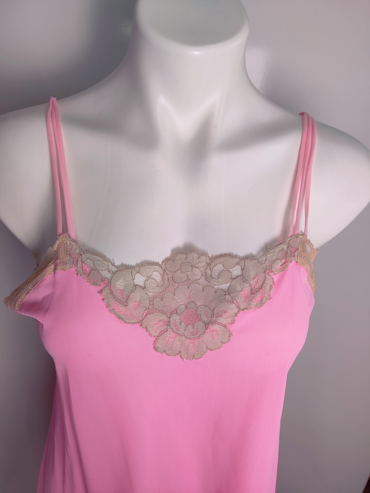 Vintage Avian Hot Pink Nylon Nightgown Lace Trim Modified **Flawed Medium