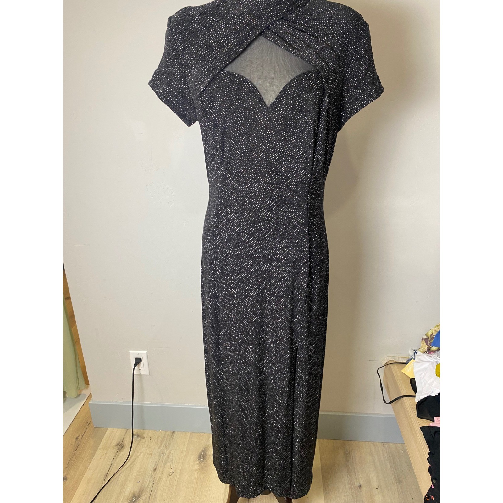 Night Way Collections Vintage Black Shimmer Mesh Cutout Maxi Dress Gown 90s