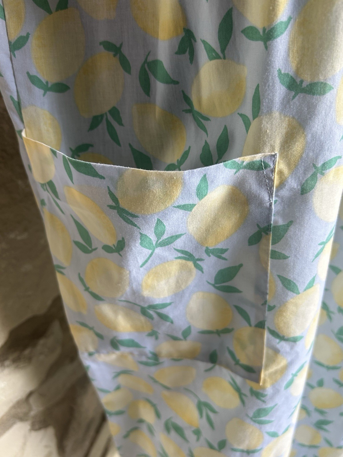 Vintage NATIONAL House Dress Robe Duster Large Blue Yellow Lemon Print EC