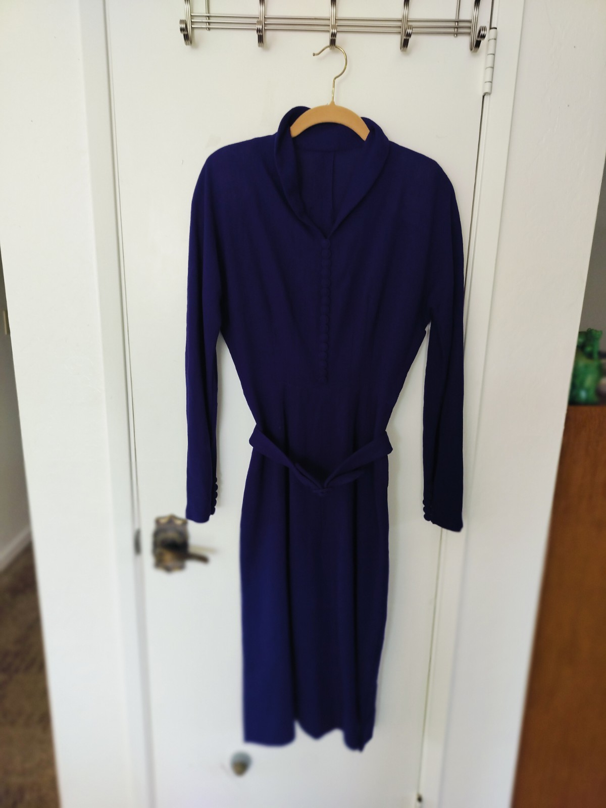 Vintage Deep Purple Rayon Crepe Dress Hand Made Covered Buttons Belt Small