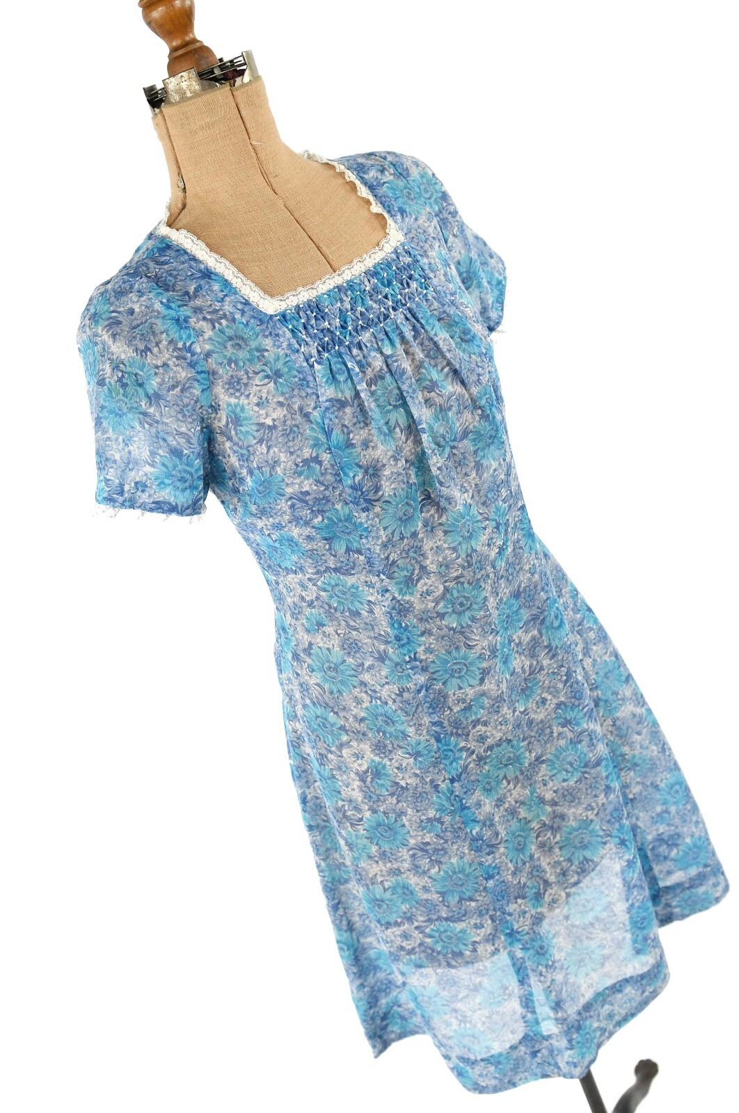 Vintage 50s Semi Sheer Cotton Blue Floral Novelty Print Cottage Prairie Dress M