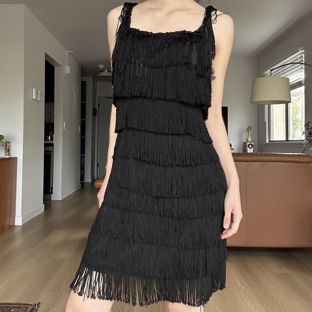 1960s Black Tassel Fringe Flapper Inspired Wiggle Dress