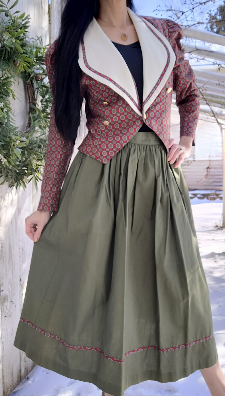 Vintage 80s ACT 1 NEW YORK Green & Red Wide Collar Boho Skirt & Button Top Set