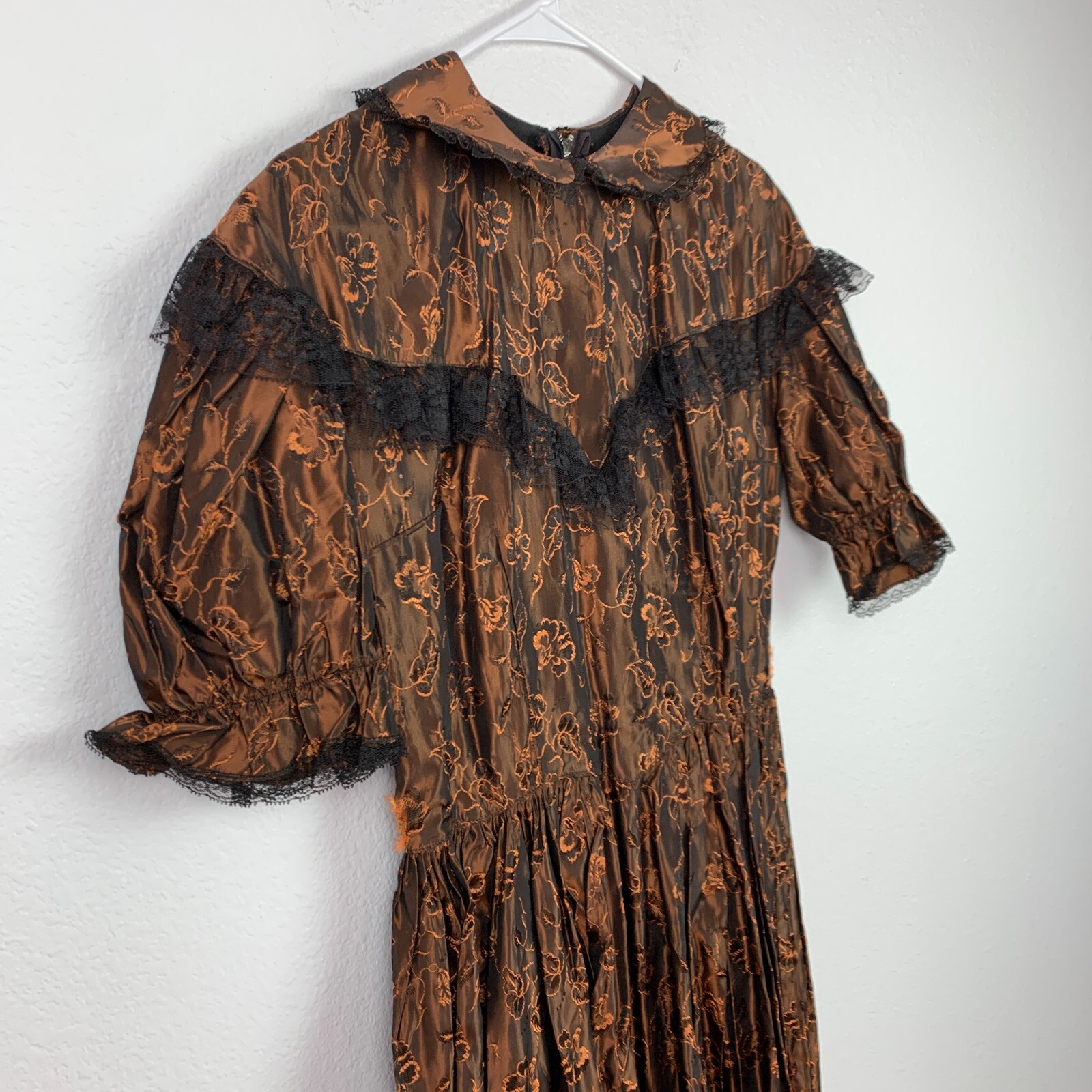 Vintage 70s Rosebud Dress Acetate Taffeta Floral Brown Lace Dress Womens 14