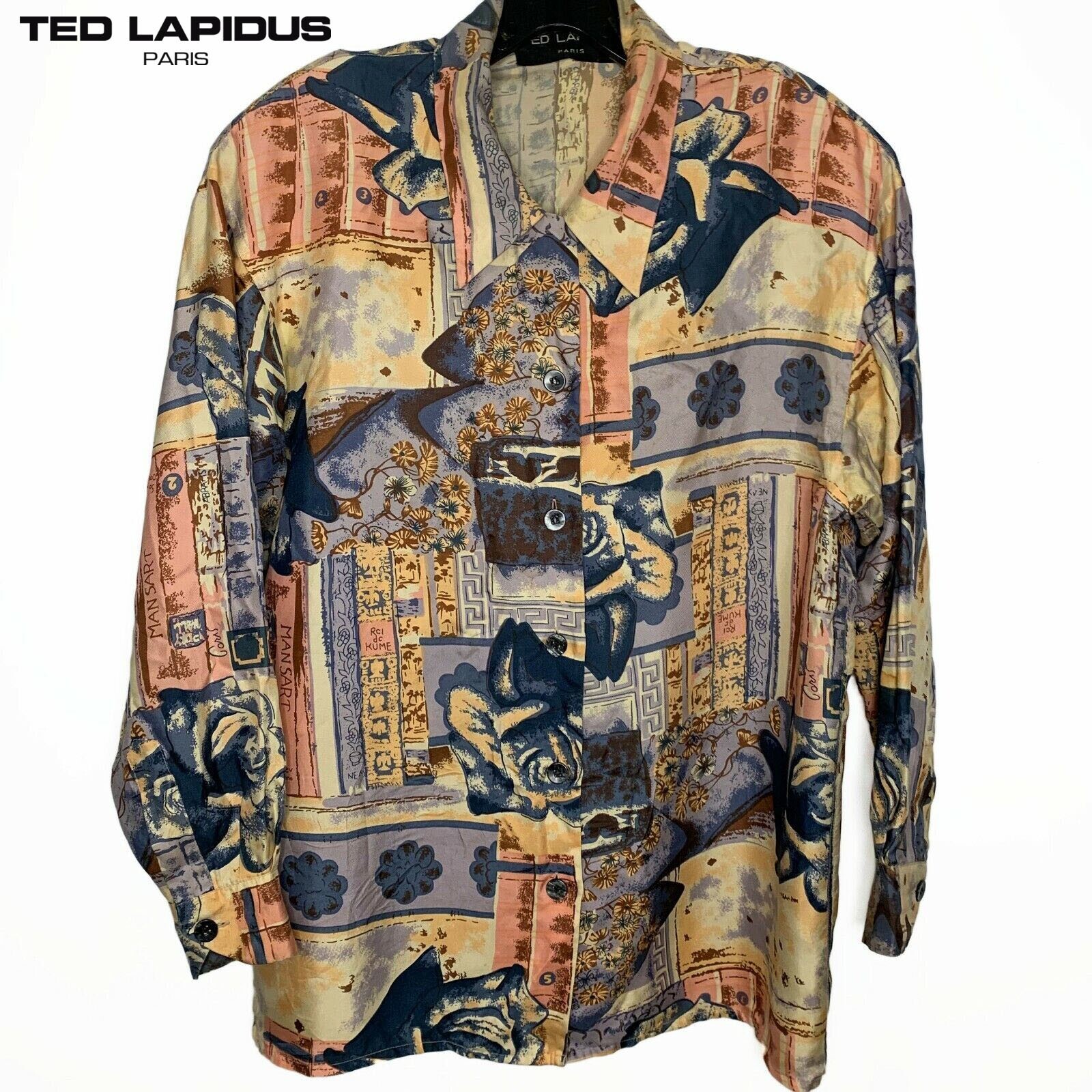 VTG Ted Lapidus Paris Top Sz Small, 100% Silk, Button Up, Long Sleeve, Artsy